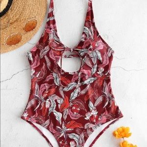 Beach printed tie front one piece